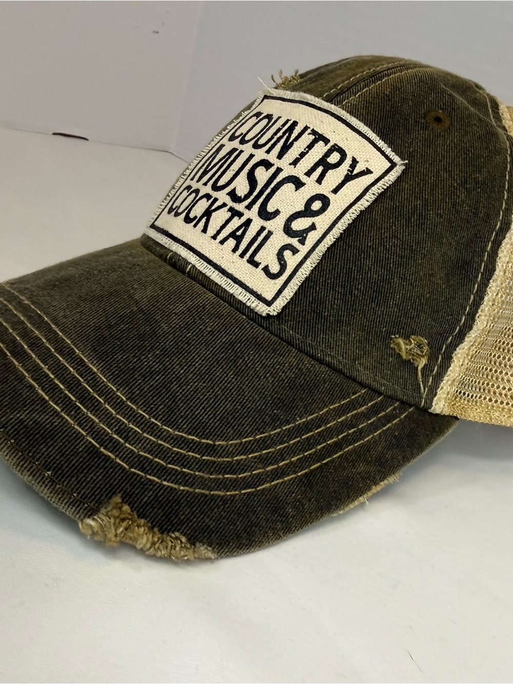 Country Music & Cocktails Distressed Trucker Hat - Olive & Tan